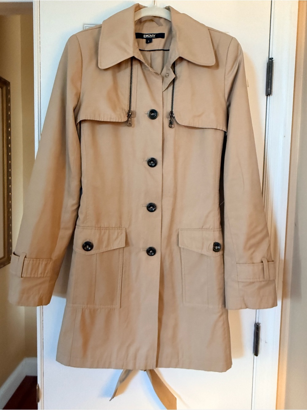 DKNY Tan Trench Coat with Button Front